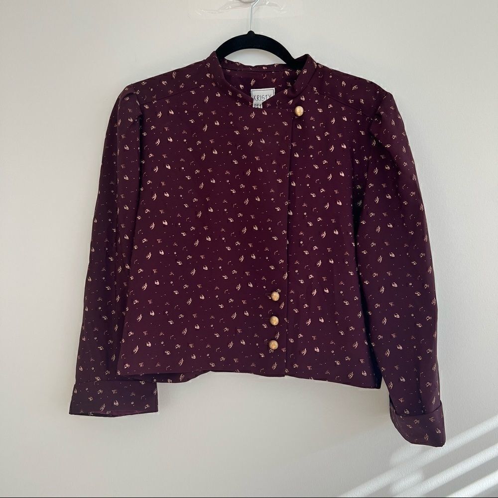 Vintage Purple Patterned Boxy Button Neck Blouse Size 10 P